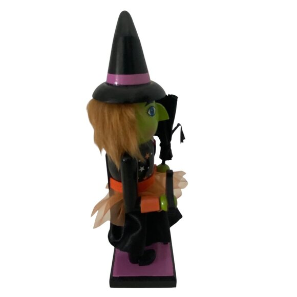 Hand-Painted Halloween Wood Witch Nutcracker Decoration Broom Cat Figurine 9.5" - Picture 2 of 8